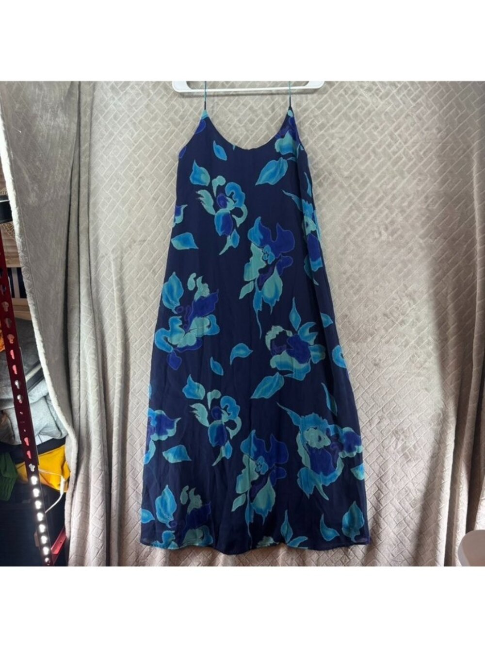 Diffusion Dress Womens L Blue Floral Chiffon Lined Spaghetti Strap Long Midi